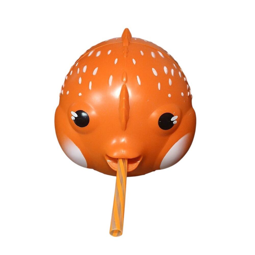 Carnival Cruise Lines Orange‎ White Hard Plastic Puffer Fish 7.5" Cup with Straw